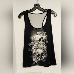 Women's Chaos Monkey Black Skulls & Roses Graphic Sleeveless Tank Top Size 2XL